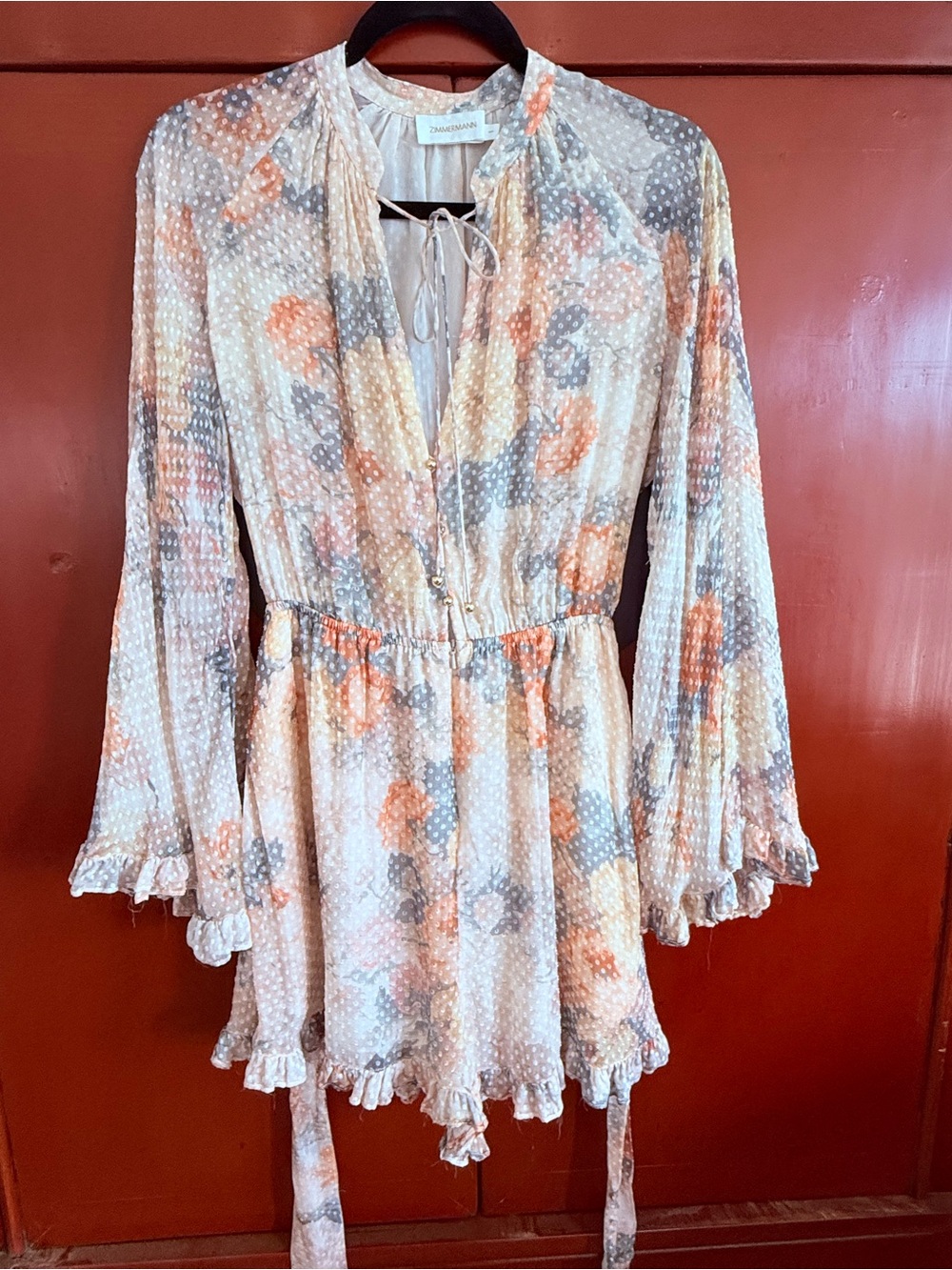 Zimmermann Cream Floral Swiss Dot Mini Dress with Peach & Gray Accents